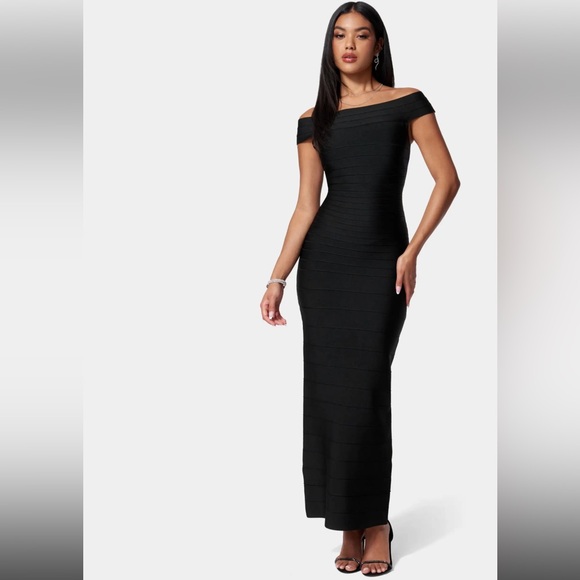 Bebe LUXE BANDAGE OFF SHOULDER GOWN - Picture 1 of 4
